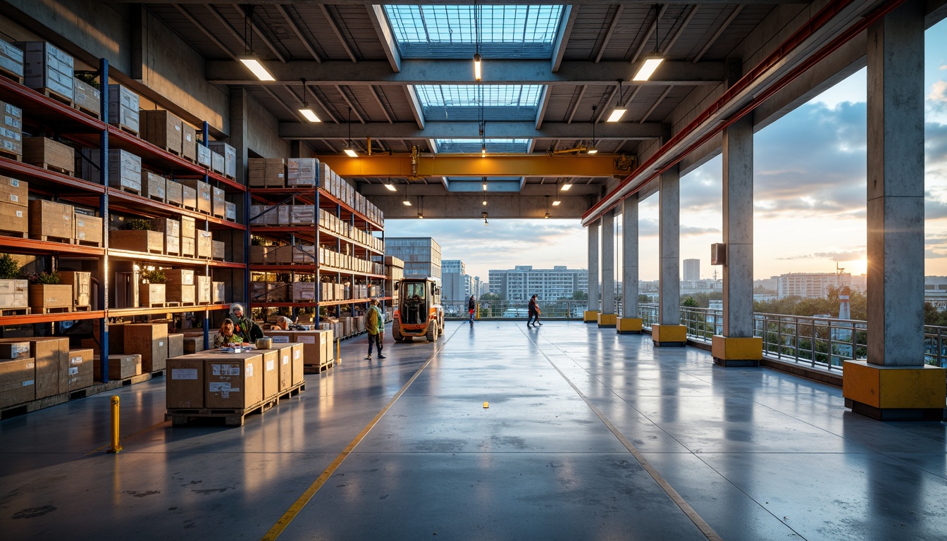 Prompt: \Industrial distribution center, modern warehouse architecture, neutral beige walls, polished concrete floors, steel beams, metal shelving units, vibrant orange accents, energetic blue highlights, warm yellow task lighting, overhead crane systems, loading docks, cargo containers, urban cityscape background, cloudy sky with soft sunlight, shallow depth of field, 1/2 composition, realistic textures, ambient occlusion.\