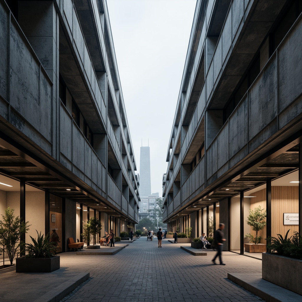 Prompt: Rugged office buildings, brutalist architecture, exposed concrete walls, raw industrial textures, metal beam ceilings, reinforced steel columns, industrial-style lighting fixtures, distressed wood accents, rough-hewn stone floors, minimalist interior design, functional simplicity, urban cityscape, overcast skies, dramatic shadows, high-contrast lighting, 1/1 composition, stark realism, atmospheric fog, cold color palette.