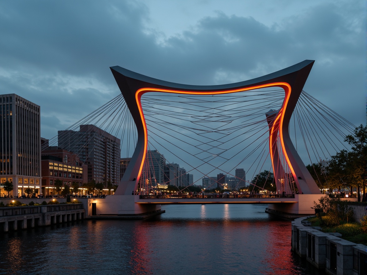 Prompt: Futuristic bridge, sleek metallic arches, neon-lit accents, glowing LED lights, curved suspension cables, dynamic structural lines, asymmetrical shapes, cantilevered sections, futuristic cityscape, urban waterfront, misty atmospheric effects, soft warm lighting, shallow depth of field, 1/2 composition, low-angle view, realistic reflections, ambient occlusion.