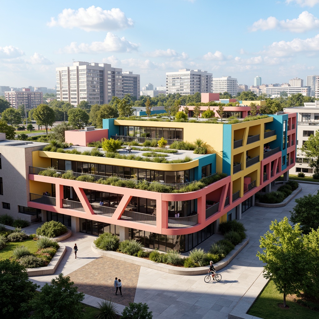 Prompt: Vibrant community center, modern social housing, bold colorful facade, irregular geometric patterns, cantilevered balconies, green roofs, solar panels, wind turbines, sustainable energy solutions, eco-friendly materials, minimalist design, angular lines, sleek metal railings, large windows, glass doors, urban cityscape, sunny day, soft warm lighting, shallow depth of field, 3/4 composition, panoramic view, realistic textures, ambient occlusion.