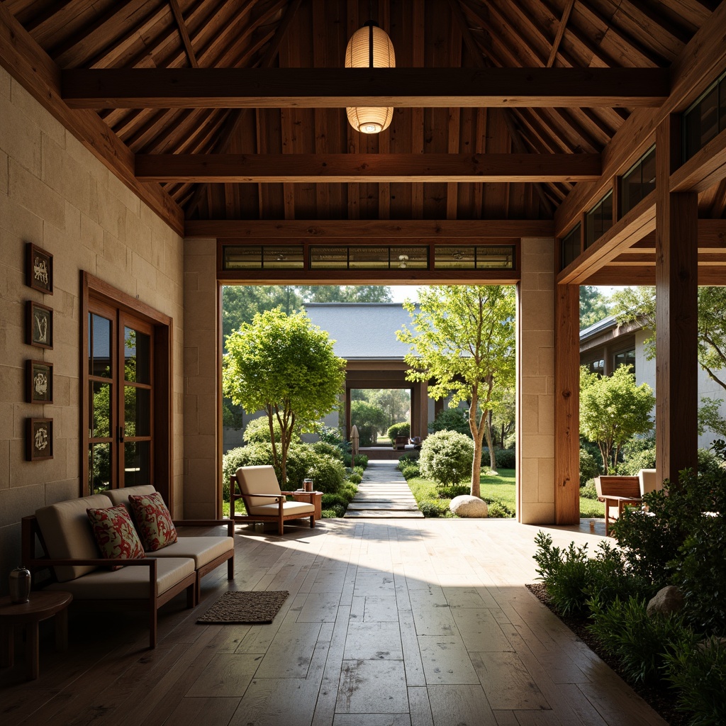 Prompt: Simple Buddhist temple, natural stone walls, wooden beams, earthy tones, minimal ornaments, subtle lighting, serene atmosphere, peaceful courtyard, lush greenery, bamboo accents, reclaimed wood floors, paper lanterns, soft warm glow, shallow depth of field, 1/1 composition, realistic textures, ambient occlusion.