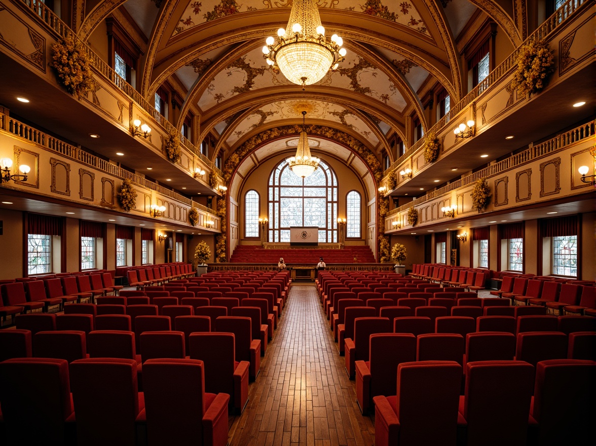 Prompt: Grand auditorium, ornate golden details, intricate flower patterns, curved lines, flowing shapes, luxurious velvet seats, richly polished wooden floors, grand chandeliers, stained glass windows, dramatic stage lighting, warm ambient glow, soft focus, shallow depth of field, 2/3 composition, symmetrical balance, opulent textiles, majestic architecture, elegant ornaments, refined elegance, sophisticated atmosphere.