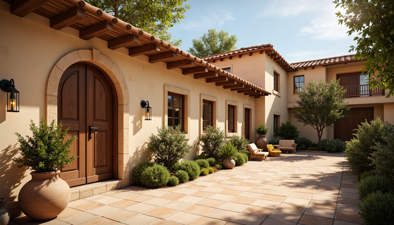 Prompt: Earth-toned buildings, warm beige stucco walls, rusty red roofs, aged wooden doors, ornate stone carvings, natural terracotta floors, sun-baked courtyard, lush greenery, olive trees, weathered metal lanterns, soft golden lighting, shallow depth of field, 1/1 composition, intimate close-up shots, realistic textures, ambient occlusion.