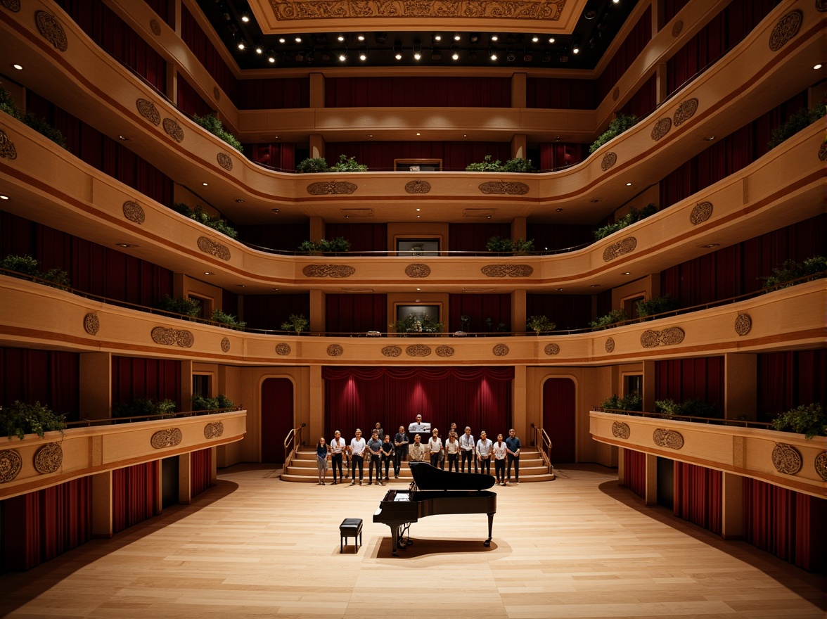 Prompt: Elegant concert house interior, rich wood tones, polished wooden floors, acoustic panels, sound-absorbing materials, curved lines, minimal ornamentation, intimate performance spaces, tiered seating areas, professional-grade sound systems, precise speaker placement, optimized reverberation times, warm ambient lighting, dramatic spotlights, plush velvet curtains, ornate balconies, grand pianos, sophisticated soundproofing, diffused natural light, 3/4 composition, shallow depth of field.