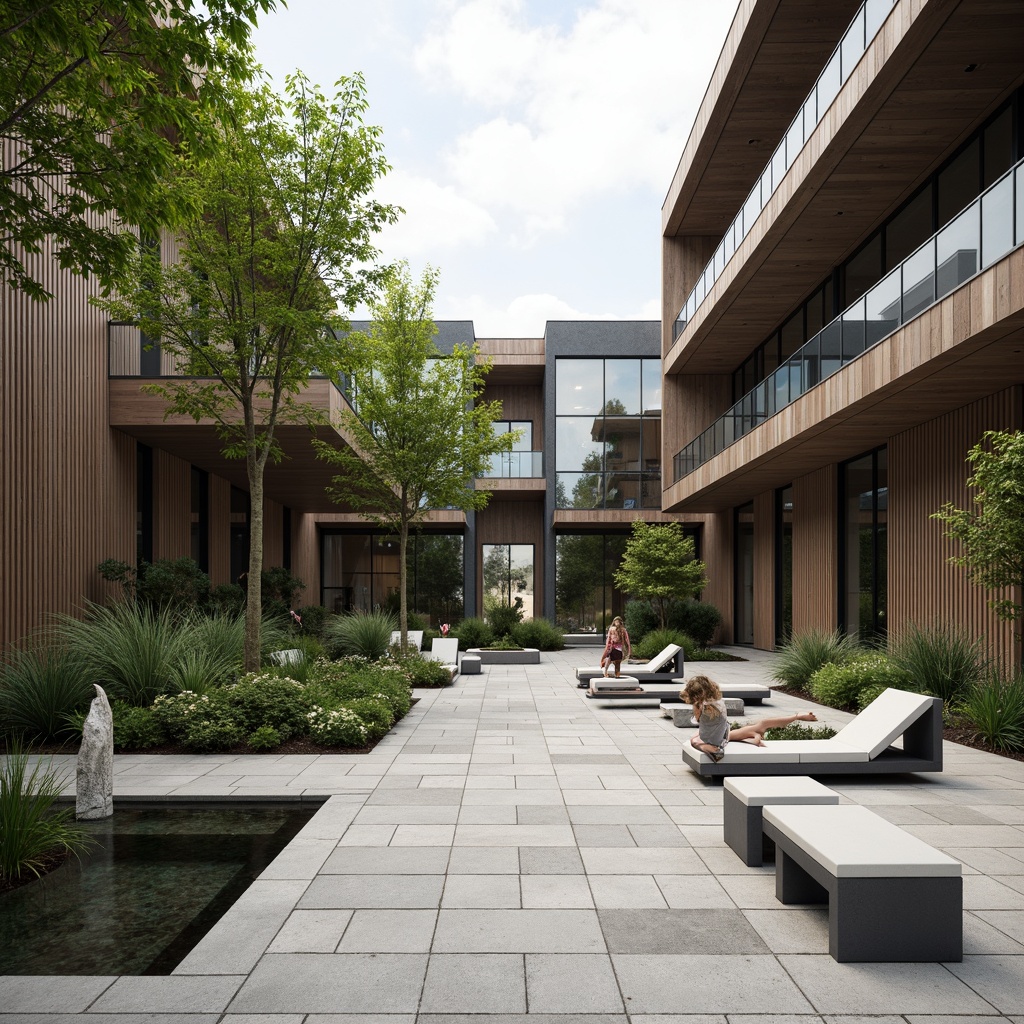 Prompt: Modernist courtyard, sleek stone pavers, minimalist water features, lush greenery, exotic succulents, geometric planters, industrial metal benches, cantilevered rooflines, floor-to-ceiling windows, abstract sculptures, neutral color palette, natural materials, rustic wood accents, subtle outdoor lighting, shallow depth of field, 2/3 composition, wide-angle lens, high-contrast rendering.