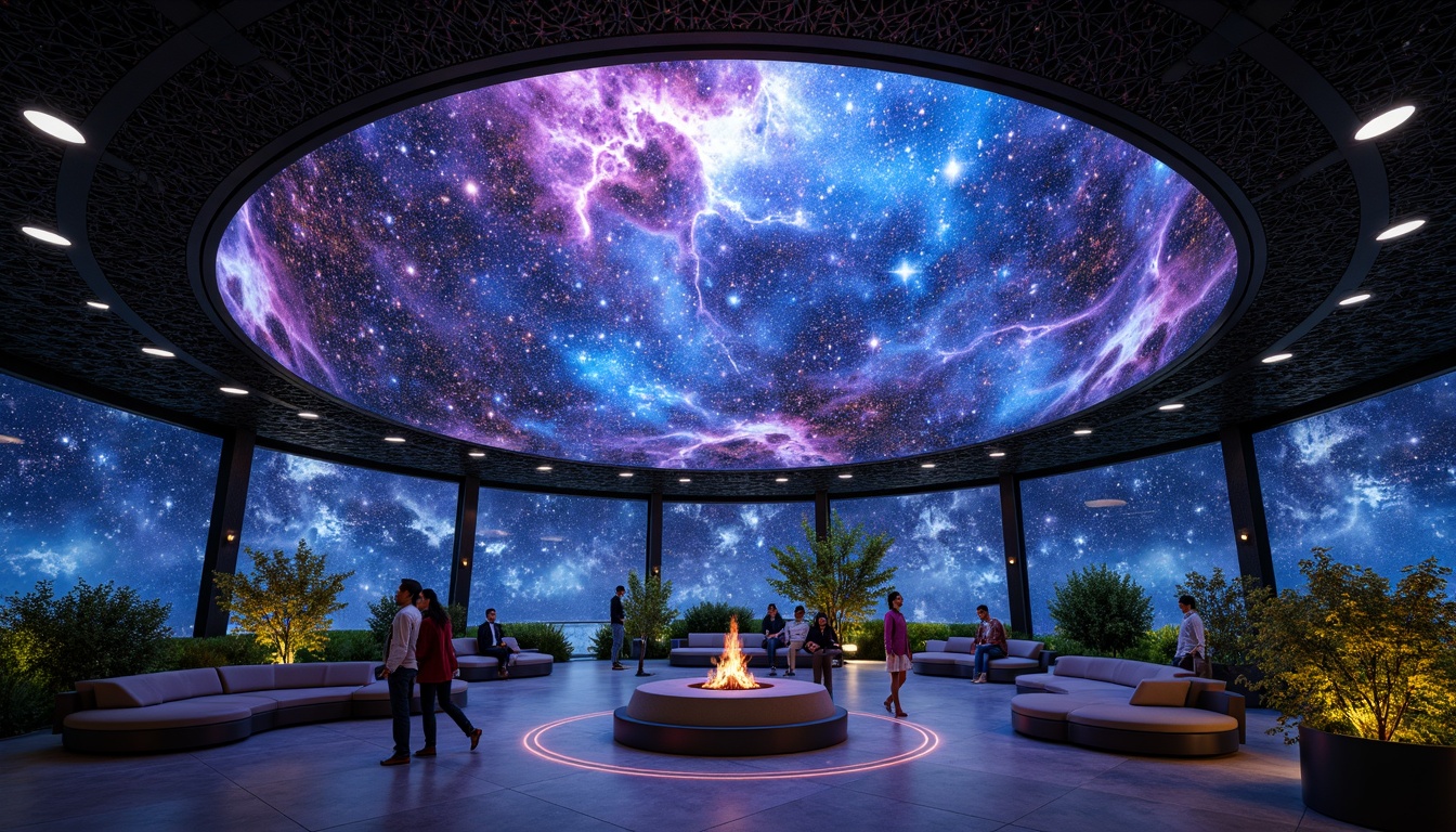 Prompt: Cosmic planetarium, futuristic fusion architecture, metallic mesh panels, iridescent glass surfaces, holographic projections, nebula-inspired patterns, starry night sky, dark matter textures, aurora borealis-like color shifts, glowing accents, ambient lighting, 3D immersive experience, spherical dome structure, virtual reality integration, cosmic dust particles, gravitational wave visuals, astrological symbol motifs, celestial body references, space-age futurism, otherworldly ambiance, panoramic view, shallow depth of field.