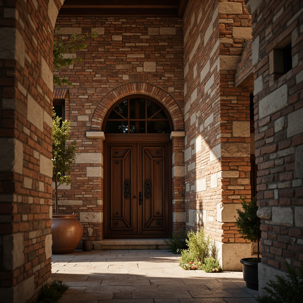 Prompt: Rustic brick walls, weathered stone foundations, earthy tones, rough-hewn textures, rugged brick patterns, distressed finishes, vintage architectural details, ornate metal accents, warm golden lighting, shallow depth of field, 1/2 composition, realistic normal maps, ambient occlusion.