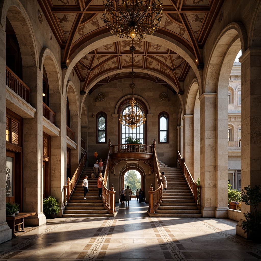 Prompt: Grand courthouse, Romanesque archways, ornate stone carvings, rusticated walls, grand staircase, high ceilings, dramatic chandeliers, warm natural lighting, rich wood accents, classic columns, symmetrical facade, imposing entrance, vaulted ceilings, ribbed arches, intricate mosaics, weathered stone textures, morning softbox lighting, 1/2 composition, atmospheric perspective, cinematic rendering.