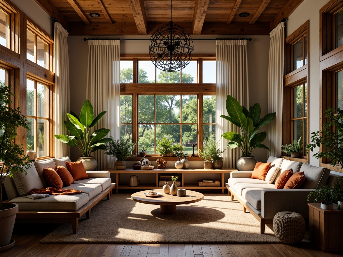 Prompt: Cozy living room, plush furniture, warm lighting, natural wood accents, comfortable seating, vibrant textiles, lush greenery, large windows, soft curtains, rustic wooden flooring, earthy color palette, relaxed atmosphere, 1/1 composition, shallow depth of field, realistic textures, ambient occlusion.