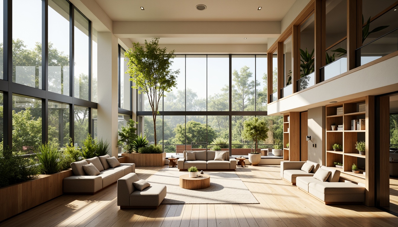 Prompt: Cozy student dormitory, abundant natural light, large windows, sliding glass doors, minimal obstruction, bright airy atmosphere, modern minimalist decor, wooden flooring, neutral color palette, greenery accents, potted plants, communal lounge areas, soft warm lighting, shallow depth of field, 3/4 composition, panoramic view, realistic textures, ambient occlusion.