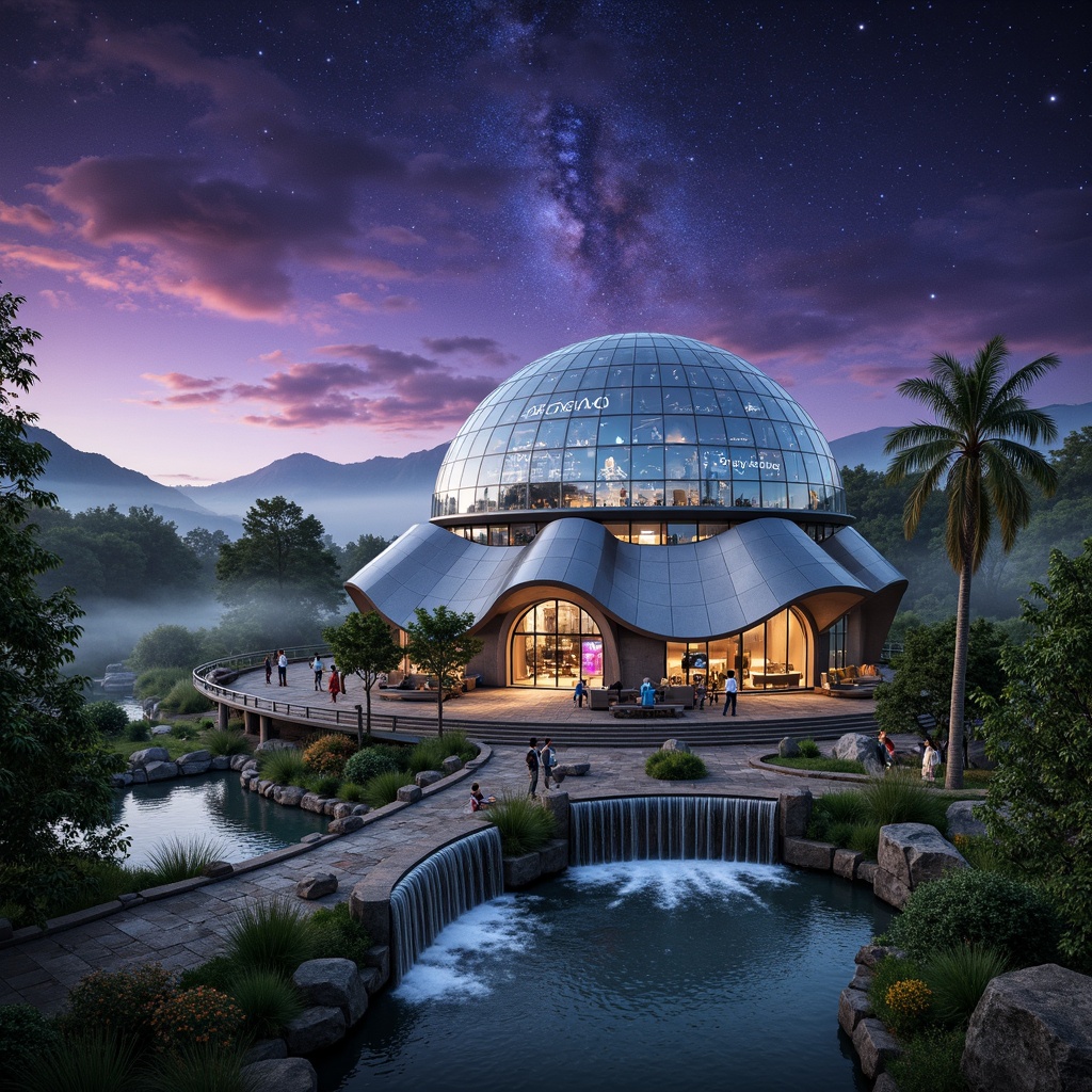 Prompt: Celestial observatory, futuristic dome structure, sleek metallic exterior, glass panels, astronomical instruments, stargazing deck, lush greenery, tropical plants, waterfall features, misty atmosphere, soft ambient lighting, shallow depth of field, 1/1 composition, panoramic view, realistic textures, ambient occlusion, starry night sky, nebula-inspired patterns, vibrant colorful accents, intricate geometric motifs.