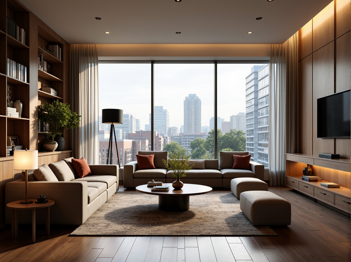 Prompt: Modern living room, comfortable seating area, plush sofas, accent chairs, coffee tables, floor lamps, soft warm lighting, calming color scheme, functional storage units, built-in shelves, minimalist decor, textured rugs, wooden flooring, cozy reading nook, oversized windows, natural daylight, urban city view, 1/1 composition, realistic textures, ambient occlusion.