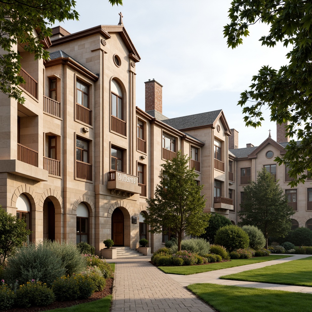 Prompt: Renaissance-style university campus, warm beige stone buildings, ornate facades, rich wood accents, luxurious velvet fabrics, vintage bronze fixtures, classic typography signage, sprawling green lawns, blooming flowerbeds, majestic trees, soft natural lighting, 1/1 composition, shallow depth of field, realistic textures, ambient occlusion.