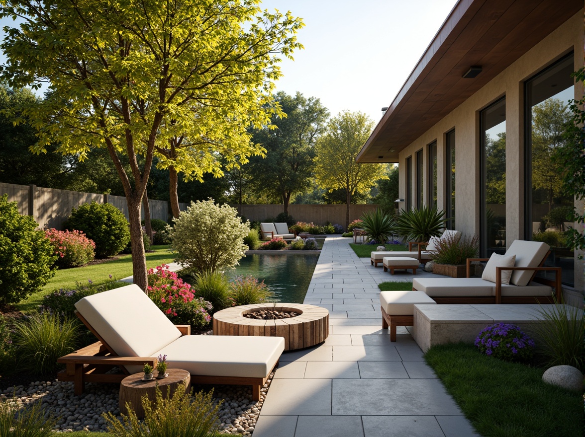 Prompt: Vibrant garden patio, lush greenery, blooming flowers, comfortable outdoor seating, rustic wooden benches, natural stone pathways, tranquil water features, soft warm lighting, cozy fire pit, 3/4 composition, shallow depth of field, modern architecture, large windows, sliding glass doors, warm sunny day, ambient occlusion.