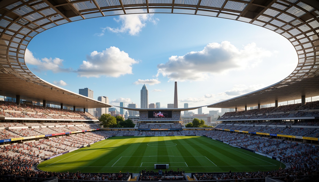 Prompt: Futuristic soccer stadium, sleek curved lines, cantilevered roofs, translucent fa\u00e7ades, LED lighting systems, vibrant green grass, dynamic seating arrangements, futuristic scoreboards, modernist architecture, open-air concourses, spacious VIP lounges, panoramic city views, cloudy blue skies, warm afternoon sunlight, shallow depth of field, 1/1 composition, realistic materials, ambient occlusion.