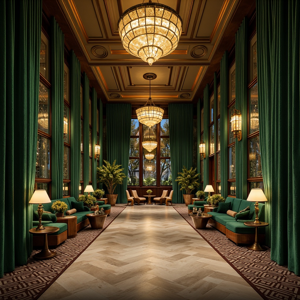 Prompt: Luxurious Art Deco interior, rich velvet drapes, bold geometric patterns, metallic accents, ornate mirrors, glamorous chandeliers, jewel-toned color palette, emerald green walls, golden lighting fixtures, sophisticated marble floors, opulent furniture, curved lines, vintage decorative accessories, lavish textiles, subtle gradient effects, high-contrast shadows, dramatic spotlights, 1/2 composition, warm atmospheric perspective.