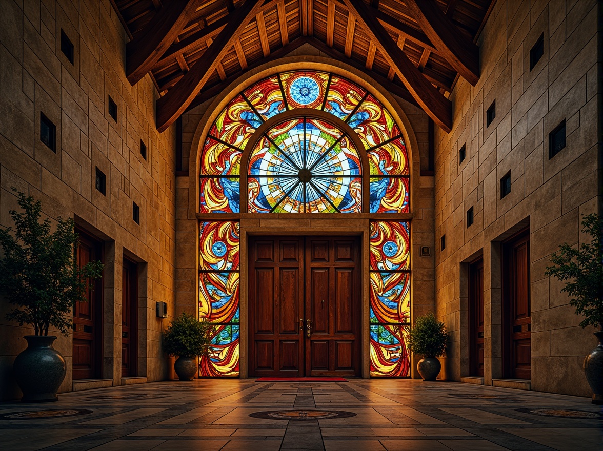 Prompt: Expressive church facade, dramatic asymmetrical composition, bold vibrant colors, intricate ornate details, sinuous lines, distorted proportions, exaggerated forms, abstract patterns, textured stone walls, stained glass windows, grand entranceways, heavy wooden doors, ornate bronze hardware, mystical ambiance, warm golden lighting, high contrast shadows, 1/2 composition, dramatic close-up shots, realistic textures, subtle atmospheric effects.