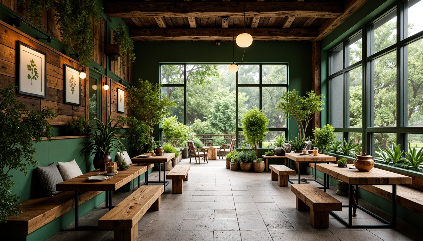 Prompt: Cozy coffee shop, lush green walls, reclaimed wood accents, natural stone flooring, organic shapes, earthy color palette, abundant plants, wooden benches, rustic tables, pendant lamps, warm lighting, shallow depth of field, 3/4 composition, panoramic view, realistic textures, ambient occlusion, outdoor seating area, seamless landscape integration, blurred boundaries, harmonious transition, nature-inspired decor, botanical prints, vintage gardening tools, woven textiles, earthy scents, soft background music.