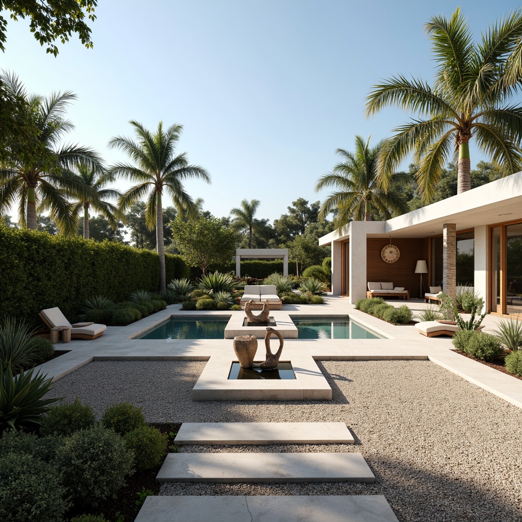 Prompt: Sleek modernist villa, clean lines, minimalist gardens, succulent plants, gravel pathways, geometric fountain, abstract sculptures, tropical palm trees, warm sunny day, shallow depth of field, 1/1 composition, panoramic view, realistic textures, ambient occlusion, large windows, sliding glass doors, open floor plans, indoor-outdoor connection, natural stone walls, wood accents, global-inspired decorative elements.