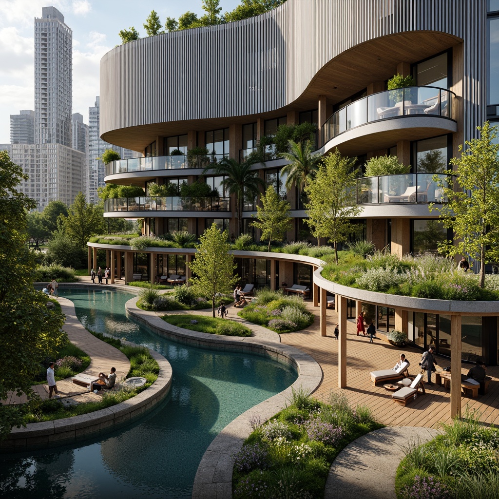 Prompt: Curved building facade, minimalist design, sleek metal accents, floor-to-ceiling windows, open-air balconies, lush green roofs, living walls, vertical gardens, natural stone cladding, wooden decks, serene water features, reflecting pools, walking trails, native plant species, bird's eye view, aerial perspective, shallow depth of field, 1/1 composition, warm soft lighting, realistic textures, ambient occlusion.