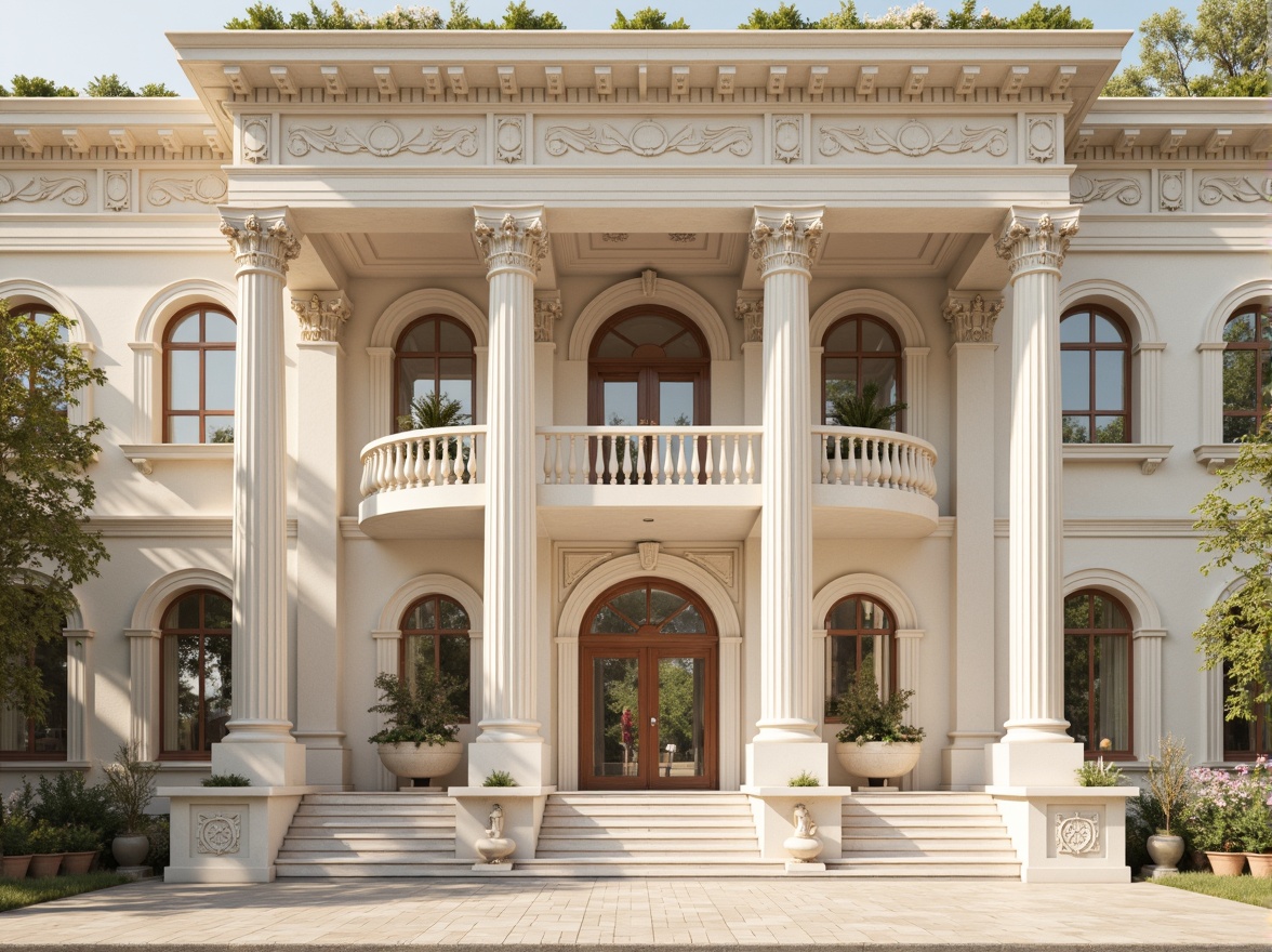 Prompt: Elegant neoclassical facade, white marble columns, ornate stone carvings, grand entranceways, symmetrical compositions, rusticated bases, ionic capitals, decorative friezes, subtle cornices, refined stucco surfaces, soft creamy hues, warm golden lighting, shallow depth of field, 1/2 composition, classical proportions, realistic textures, ambient occlusion.