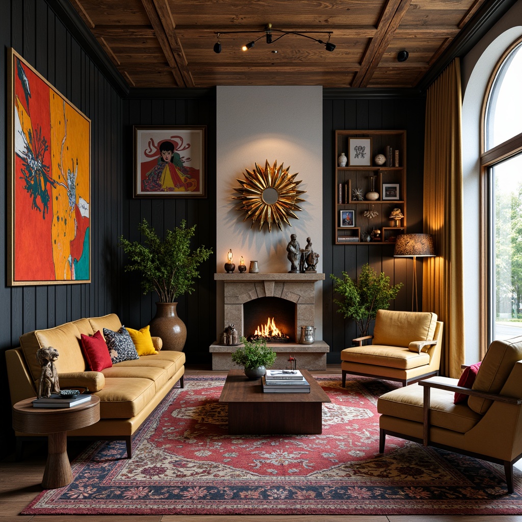 Prompt: Eclectic living room, bold color schemes, irregular shapes, playful textures, oversized furniture, ornate decorations, abstract artwork, statement lighting fixtures, rich wood accents, luxurious fabrics, curved lines, whimsical patterns, dramatic drapery, layered rugs, eclectic accessories, abstract sculptures, industrial elements, distressed finishes, moody atmospheric lighting, shallow depth of field, 1/1 composition, cinematic view, realistic reflections.