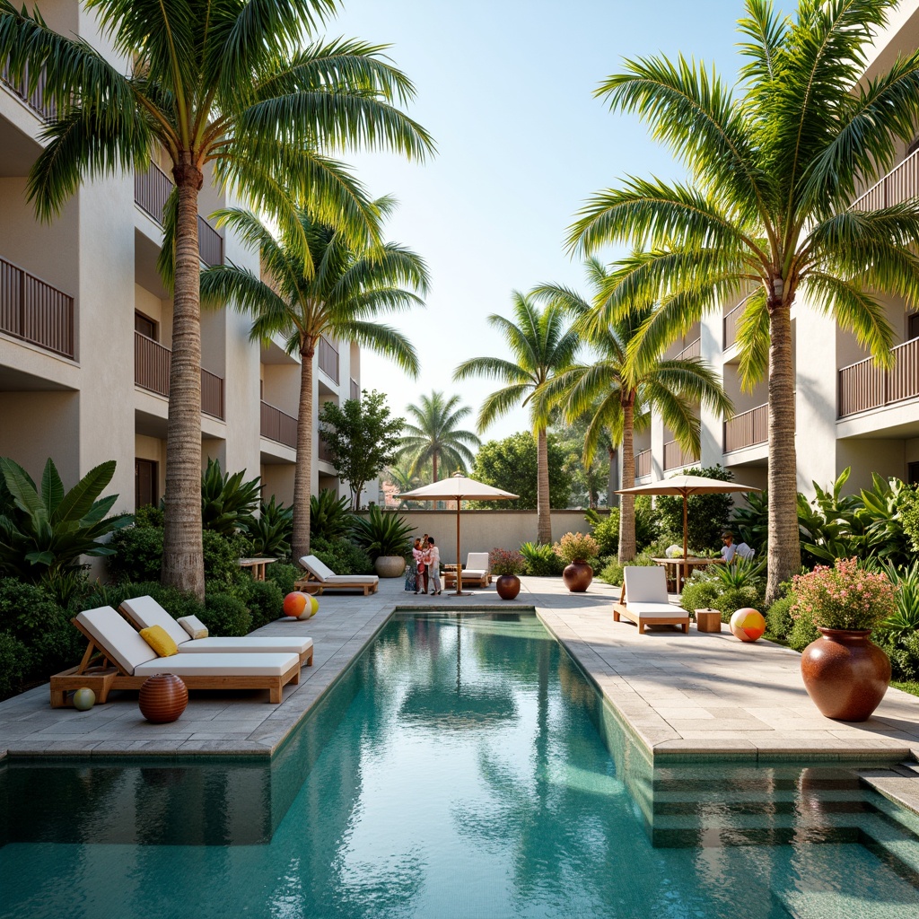 Prompt: Vibrant tropical poolside, lush greenery, palm trees, warm sunny day, turquoise water, decorative tile accents, modern outdoor furniture, comfortable lounge chairs, umbrellas, colorful beach balls, refreshing misting system, soft warm lighting, natural stone pavers, ceramic planters, exotic floral arrangements, calming water features, serene ambiance, 1/1 composition, realistic textures, ambient occlusion.