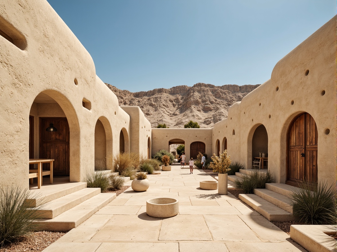 Prompt: Sand-casted concrete walls, rough tactile surfaces, organic forms, desert-inspired architecture, modern brutalist style, earthenware-toned buildings, weathered metal accents, rustic wooden doors, sandy dunes backdrop, clear blue sky, warm natural lighting, shallow depth of field, 3/4 composition, realistic textures, ambient occlusion.