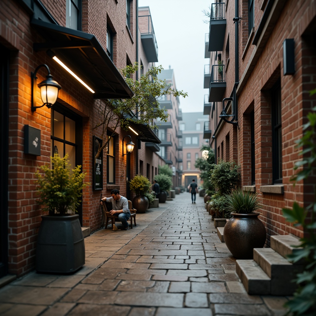 Prompt: Rustic brick walls, worn mortar joints, weathered stone foundations, aged copper accents, ornate ironwork details, vintage street lanterns, foggy morning atmosphere, soft warm lighting, shallow depth of field, 3/4 composition, realistic textures, ambient occlusion.