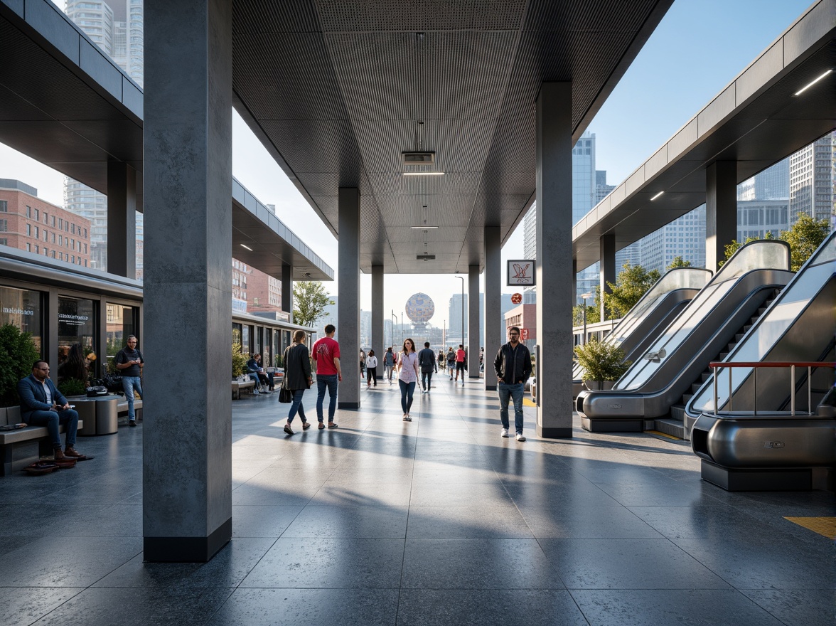 Prompt: Futuristic metro station, sleek metal columns, polished granite floors, energy-efficient LED lighting, minimalist signage, modern escalators, advanced ticketing systems, stainless steel handrails, acoustic ceilings, sound-absorbing materials, vibrant colored accents, urban cityscape views, rush hour crowds, morning sunlight, shallow depth of field, 1/1 composition, realistic textures, ambient occlusion.