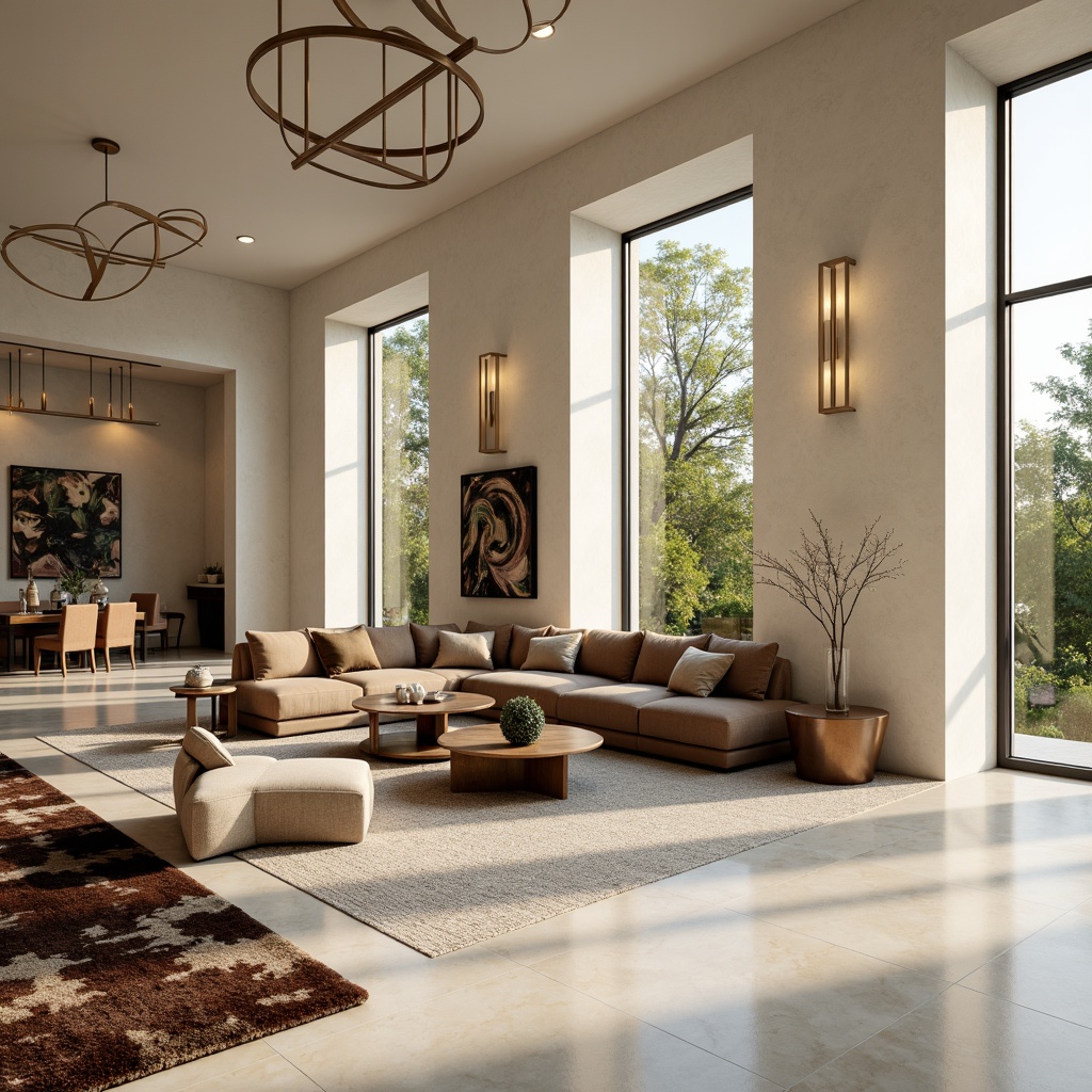 Prompt: Modern luxury living room, sleek minimalism, creamy marble floors, plush velvet sofas, metallic accents, floor-to-ceiling windows, natural light pouring in, soft warm glow, cozy atmosphere, statement lighting fixtures, ornate mirrors, abstract artwork, textured rugs, lavish fabrics, sophisticated color palette, 3/4 composition, shallow depth of field, panoramic view, realistic textures, ambient occlusion.