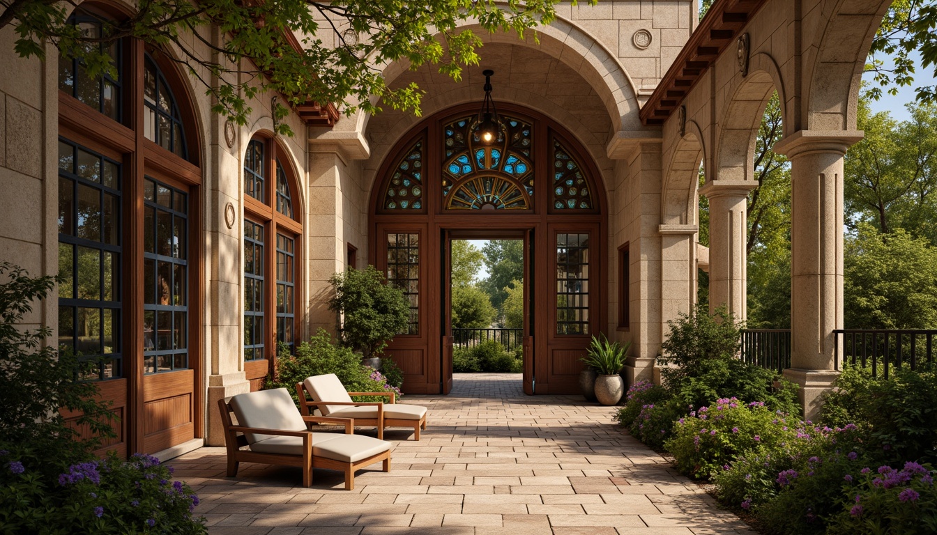 Prompt: Intricate stone carvings, flowing organic lines, ornate metalwork, stained glass windows, mosaic tile patterns, natural stone facades, curved wooden doors, decorative iron railings, sinuous vines, blooming flowers, warm golden lighting, soft focus, shallow depth of field, 1/1 composition, romantic atmosphere.