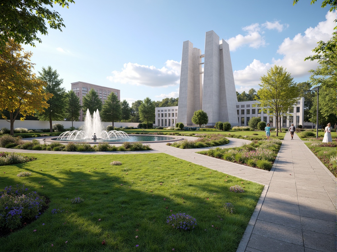 Prompt: Grandiose monument, sleek modern architecture, integrated landscape design, lush green lawns, vibrant flower beds, majestic water features, ornate fountains, walking paths, natural stone pavers, international style columns, minimalist landscaping, ambient lighting, subtle shadows, 1/1 composition, symmetrical balance, realistic textures, intricate details, warm sunny day, soft diffused light.