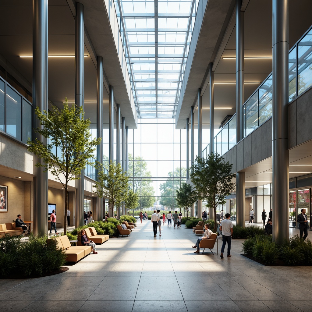 Prompt: Modern transportation hub interior, high-ceilinged atrium, natural light pouring in, sleek metallic columns, polished marble floors, efficient circulation routes, minimal obstacles, clear signage, digital displays, comfortable seating areas, lush greenery, ambient noise reduction, soft warm lighting, shallow depth of field, 1/1 composition, realistic textures, ambient occlusion.