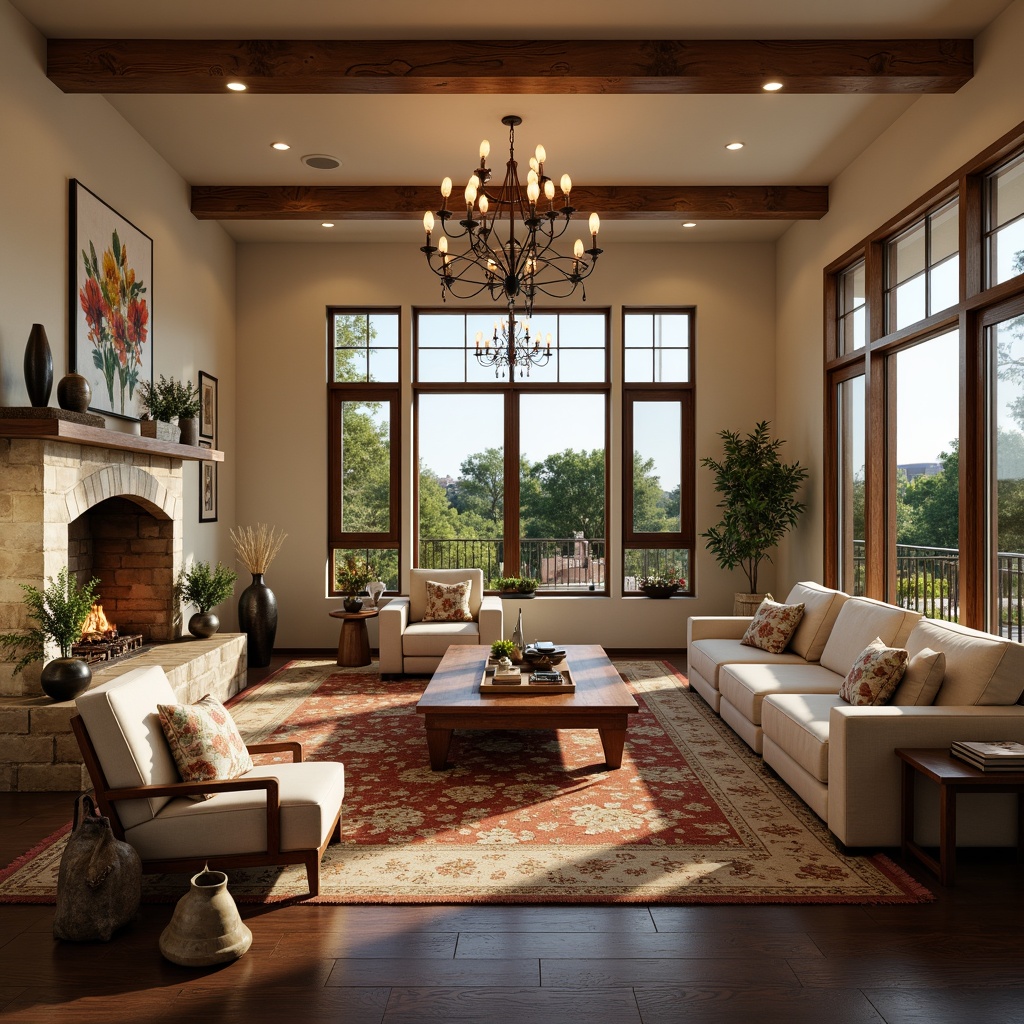 Prompt: Cozy living room, warm ambient lighting, comfortable sofas, rich wood accents, plush area rugs, decorative vases, floor-to-ceiling windows, natural stone fireplace, soft cream walls, elegant chandeliers, harmonious color palette, inviting atmosphere, relaxing ambiance, 1/1 composition, shallow depth of field, realistic textures.