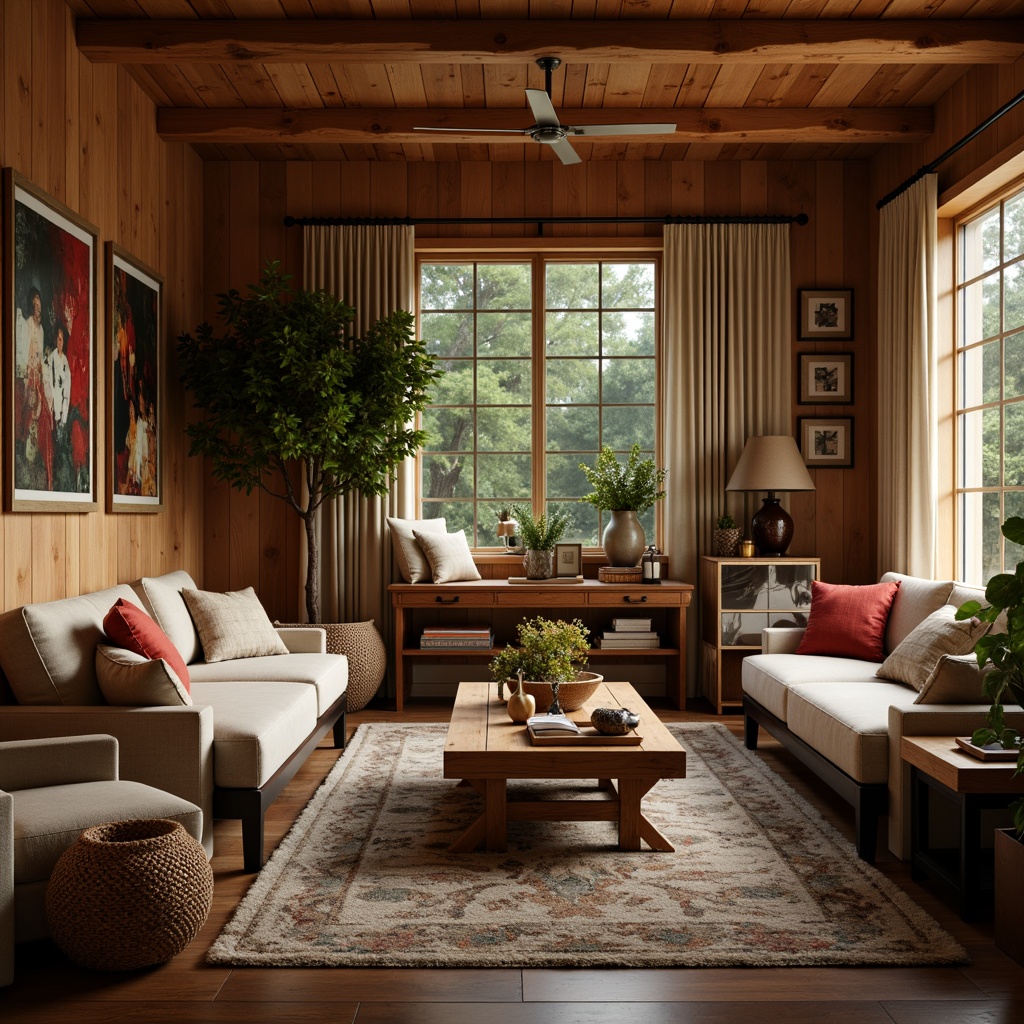 Prompt: Cozy living room, plush furniture, warm wood tones, soft cushions, intimate lighting, comfortable seating, vibrant throw pillows, decorative vases, elegant coffee tables, textured rugs, inviting color palette, relaxing ambiance, calming atmosphere, subtle scents, delicate patterns, harmonious layout, 1/1 composition, soft focus, warm glow.