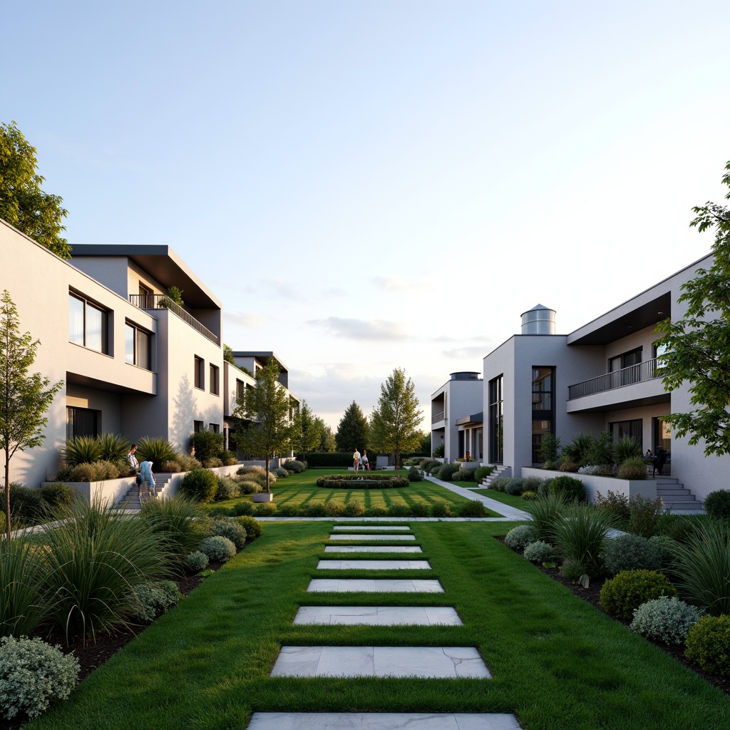 Prompt: Sleek modern houses, simple clean lines, neutral color palette, lush green lawns, minimal ornamental plants, natural stone pathways, geometric-shaped gardens, subtle outdoor lighting, calm serene atmosphere, soft gentle breeze, warm sunny day, shallow depth of field, 3/4 composition, panoramic view, realistic textures, ambient occlusion, restricted color scheme, industrial materials, functional simplicity, negative space emphasis.