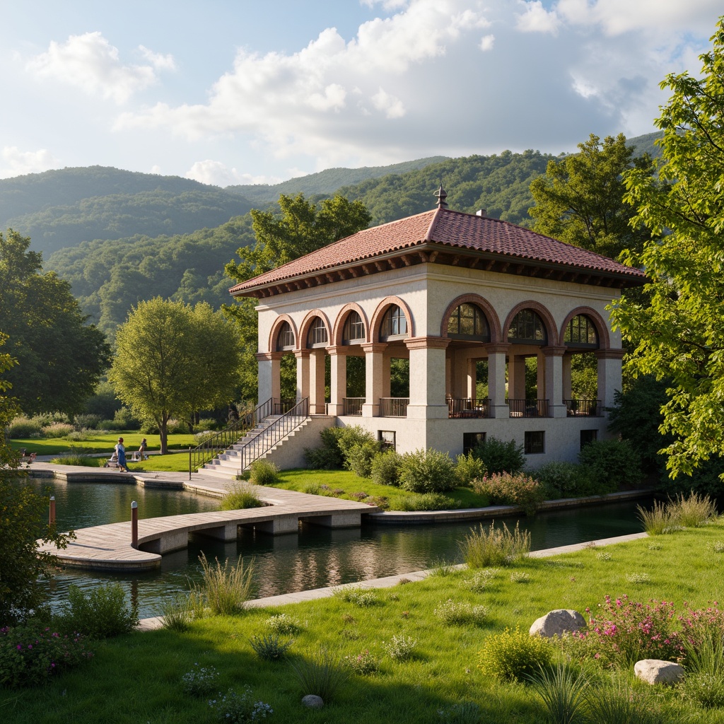 Prompt: Lush green meadow, rolling hills, serene lake, wooden dock, rustic stone pathways, Romanesque pavilion, arched windows, ornate carvings, terracotta roofing, grand entrance, symmetrical facade, natural stone columns, intricate ironwork, vibrant blooming flowers, soft warm lighting, shallow depth of field, 3/4 composition, panoramic view, realistic textures, ambient occlusion.