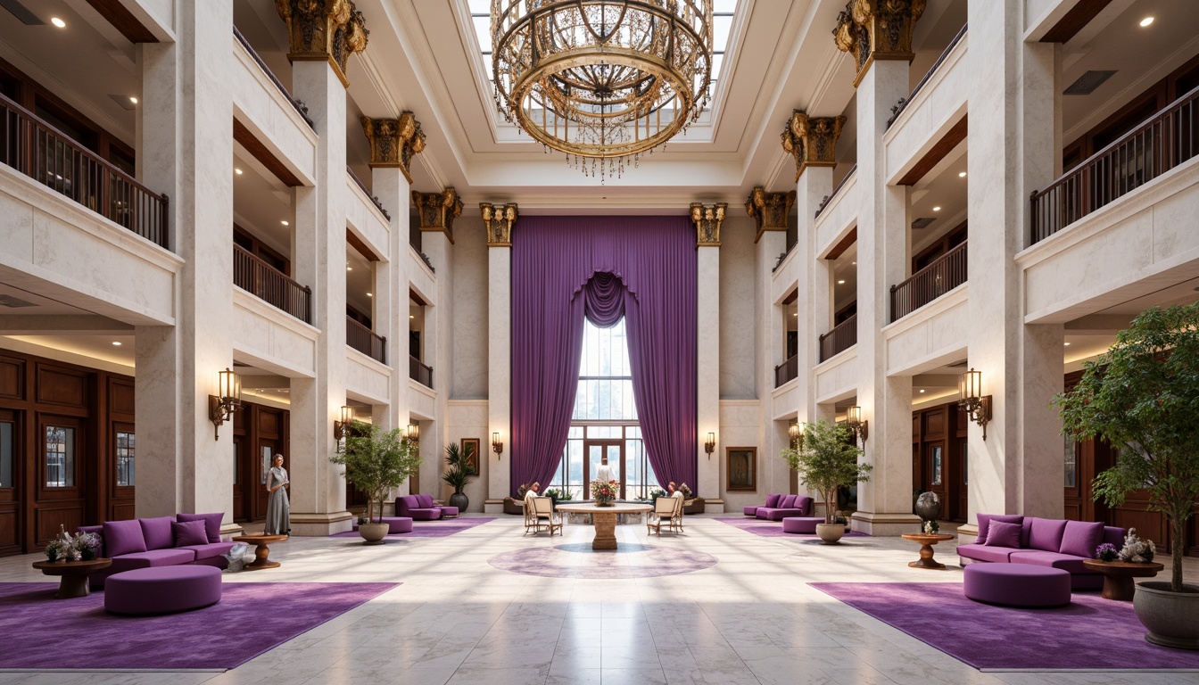 Prompt: Regal amethyst-inspired public administration building, majestic columns, grand entrance, polished marble floors, intricate stonework, vibrant purple accents, creamy white walls, rich wood tones, elegant furnishings, sophisticated chandeliers, spacious atriums, abundant natural light, soft warm glow, shallow depth of field, 1/1 composition, symmetrical architecture, ornate details, realistic textures, ambient occlusion.