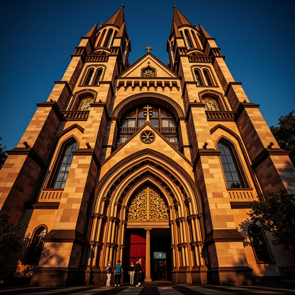 Prompt: \Dramatic church facade, asymmetrical composition, bold geometric shapes, vibrant colors, irregular forms, ornate details, intricate carvings, Gothic-inspired arches, grand entranceways, towering spires, stained glass windows, rich textures, rustic stone walls, mysterious ambiance, warm golden lighting, high contrast, dramatic shadows, 1/2 composition, close-up shot, realistic materials, ambient occlusion.\