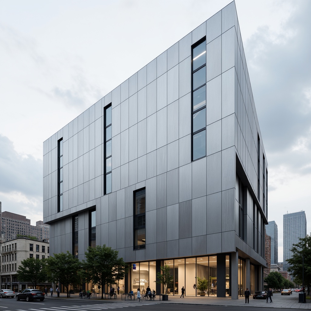 Prompt: Futuristic building facade, metallic cladding materials, silver aluminum panels, brushed steel accents, modern industrial design, sleek angular lines, minimalist aesthetic, urban cityscape, cloudy grey sky, soft diffused lighting, shallow depth of field, 3/4 composition, panoramic view, realistic reflections, ambient occlusion.