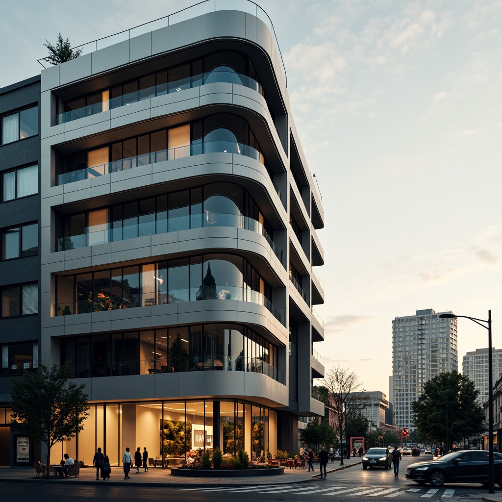 Prompt: Sleek building facade, curved lines, chrome accents, polished metal surfaces, minimalist ornamentation, horizontal emphasis, cantilevered balconies, ribbon windows, corner glazing, asymmetrical composition, futuristic aesthetic, urban cityscape, morning mist, soft golden lighting, shallow depth of field, 2/3 composition, symmetrical framing, high-contrast textures, ambient occlusion.Please let me know if this meets your requirements!