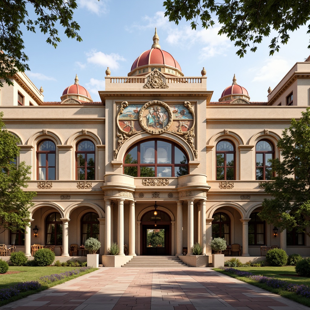 Prompt: Grand university building, Renaissance-inspired facade, ornate stone carvings, classical columns, arches, domes, vibrant frescoes, intricate moldings, symmetrical composition, warm beige stone walls, terracotta roof tiles, grand entrance gates, ornate bronze door handles, stained glass windows, soft warm lighting, shallow depth of field, 3/4 composition, panoramic view, realistic textures, ambient occlusion.