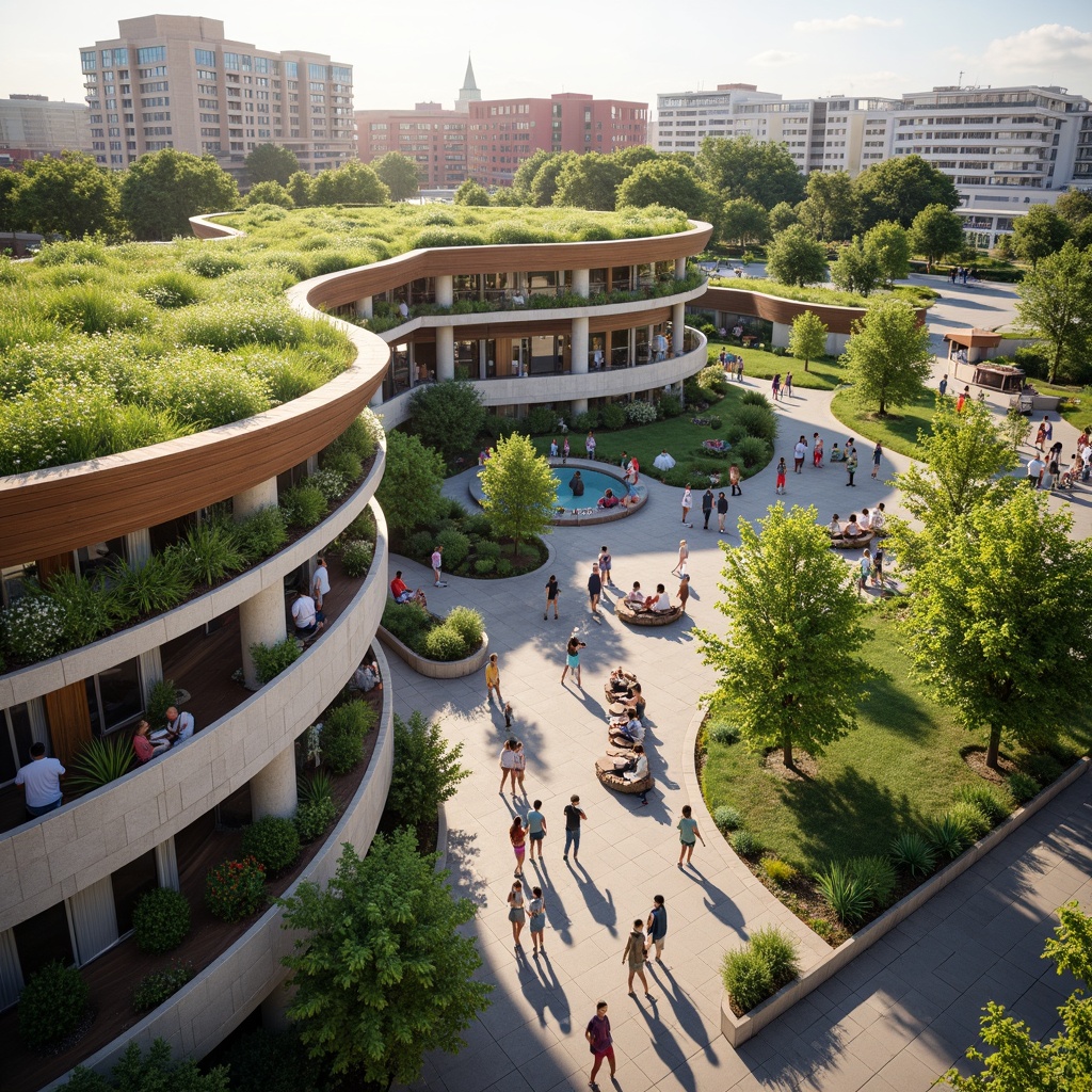 Prompt: Vibrant community center, lush green roofs, thriving vegetation, modern architecture, curved lines, natural stone walls, wooden accents, ample daylight, soft warm lighting, shallow depth of field, 3/4 composition, panoramic view, realistic textures, ambient occlusion, urban landscape, bustling streets, diverse crowd, educational signs, recreational facilities, playground equipment, benches, walking paths, eco-friendly materials, sustainable design, innovative irrigation systems.