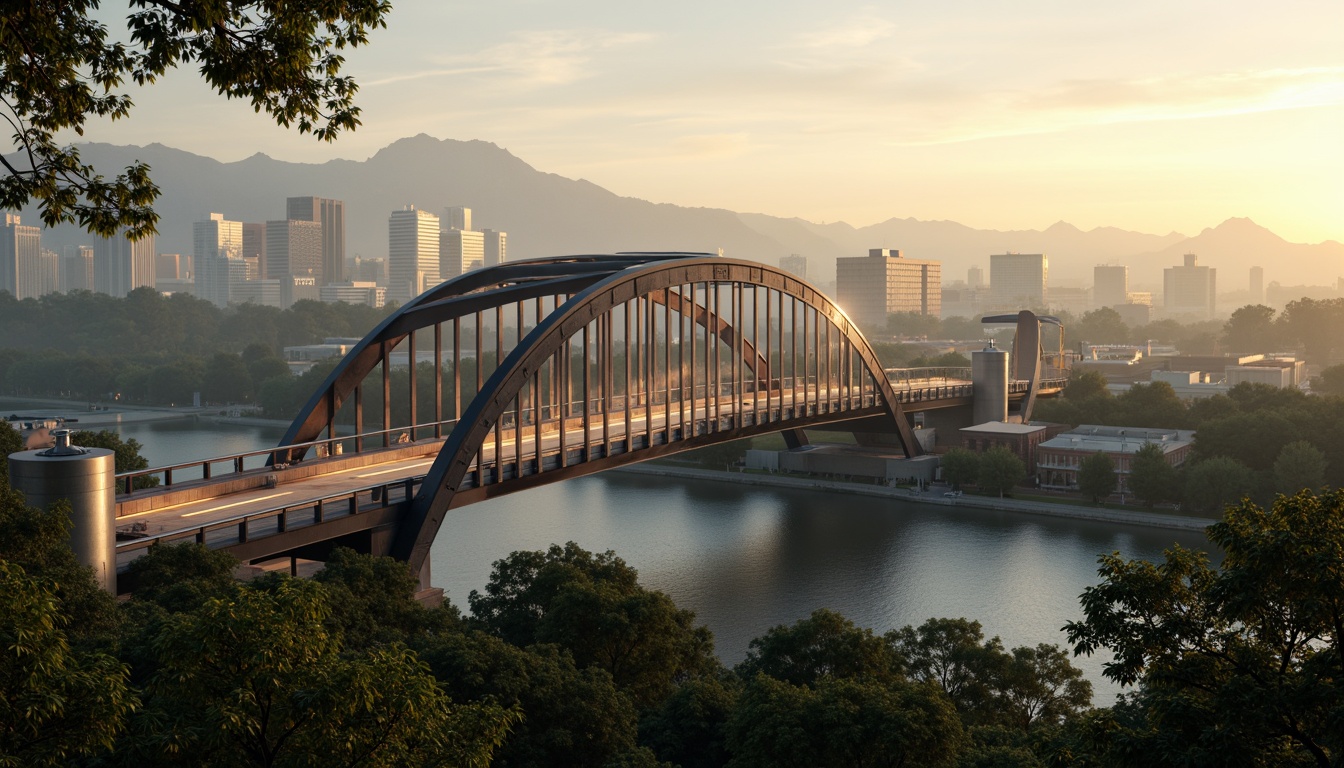 Prompt: Futuristic bridge, sleek metal arches, neon lights, misty atmosphere, lush greenery, winding waterways, serene lakeside, modern cityscape, distant mountains, atmospheric perspective, warm golden lighting, shallow depth of field, 1/1 composition, realistic textures, ambient occlusion, sustainable energy solutions, solar panels, wind turbines, eco-friendly materials, innovative cooling technologies, shaded outdoor spaces, misting systems, vibrant colorful accents, intricate geometric patterns.