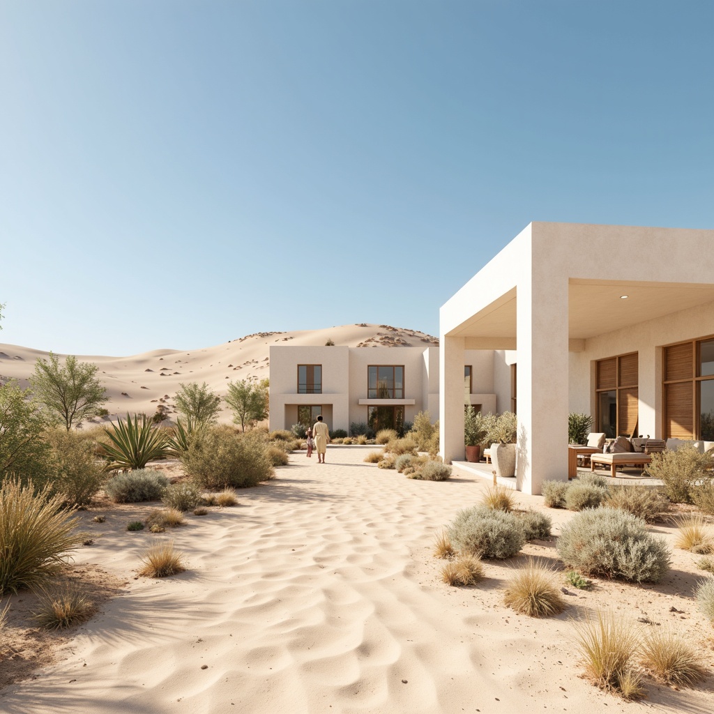 Prompt: Desert landscape, sandy dunes, cactus plants, hot sunny day, clear blue sky, vast open space, minimalist architecture, simple clean lines, monochromatic color scheme, earthy tones, beige walls, white accents, natural wood textures, sparse greenery, subtle shadows, soft warm lighting, shallow depth of field, 3/4 composition, panoramic view, realistic textures, ambient occlusion.