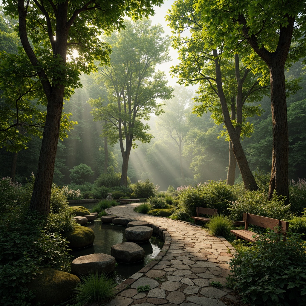 Prompt: Ethereal forest, soft diffused light, misty atmosphere, gentle leaf filtering, warm sunbeams, intricate branch networks, vibrant green foliage, moss-covered trunks, natural stone pathways, serene water features, wooden bridges, rustic benches, whimsical fairy lights, warm color palette, shallow depth of field, 1/1 composition, realistic textures, ambient occlusion.