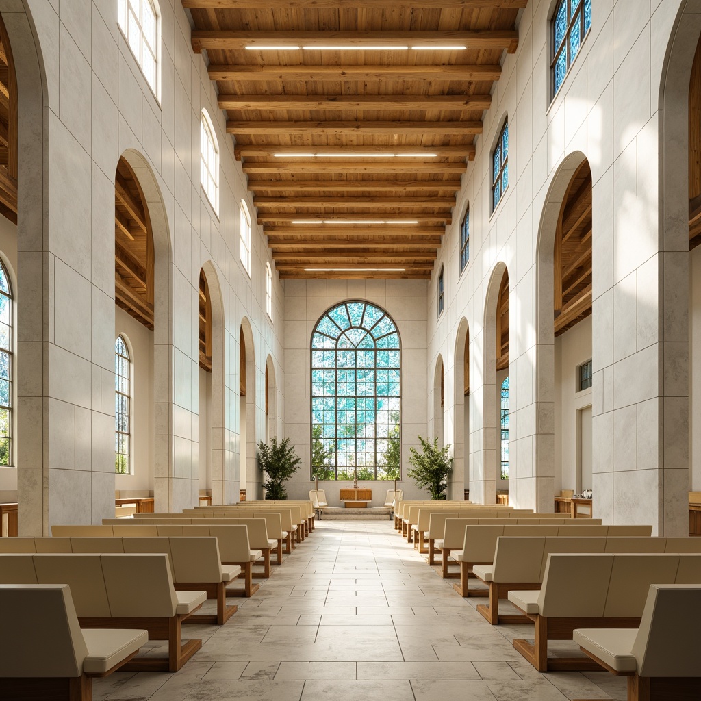 Prompt: \Sacred modern chapel, serene white marble walls, warm golden lighting, rich wood accents, stained glass windows, vibrant turquoise mosaics, intricate geometric patterns, soft cream-colored pews, elegant archways, minimalist decor, subtle texture variations, natural stone flooring, ambient occlusion, shallow depth of field, 1/1 composition, realistic renderings.\