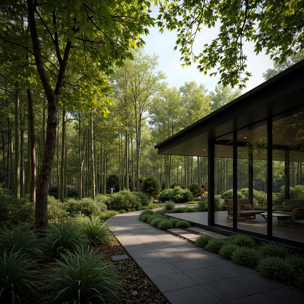 Prompt: Natural bamboo forest, dense foliage, earthy tones, black stone pathways, modern minimalist architecture, sleek black metal frames, large glass windows, subtle texture contrast, warm soft lighting, shallow depth of field, 1/1 composition, realistic reflections, ambient occlusion, serene atmosphere, Japanese-inspired design elements, natural ventilation systems, organic materials integration.