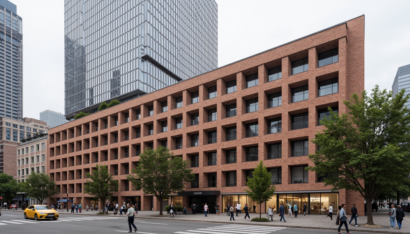 Prompt: International-style building facade, exposed brick masonry, clean lines, rectangular forms, minimal ornamentation, functional simplicity, neutral color palette, earthy tones, natural textures, industrial materials, urban cityscape, busy streets, modern skyscrapers, steel beams, glass windows, cantilevered balconies, rooftop gardens, subtle lighting effects, 1-point perspective composition, realistic rendering, ambient occlusion.